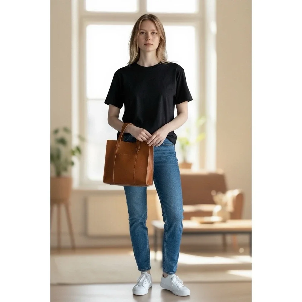 S-Zone Cow Split Leather Handbag Brown‎ Size Medium